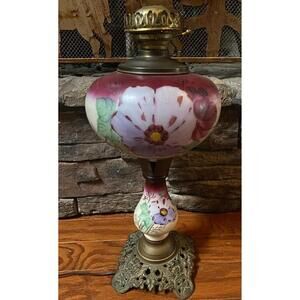 562 - Antique Hand-Painted Parlor Glass Lamp (Converted) – Floral, Ornate Cast